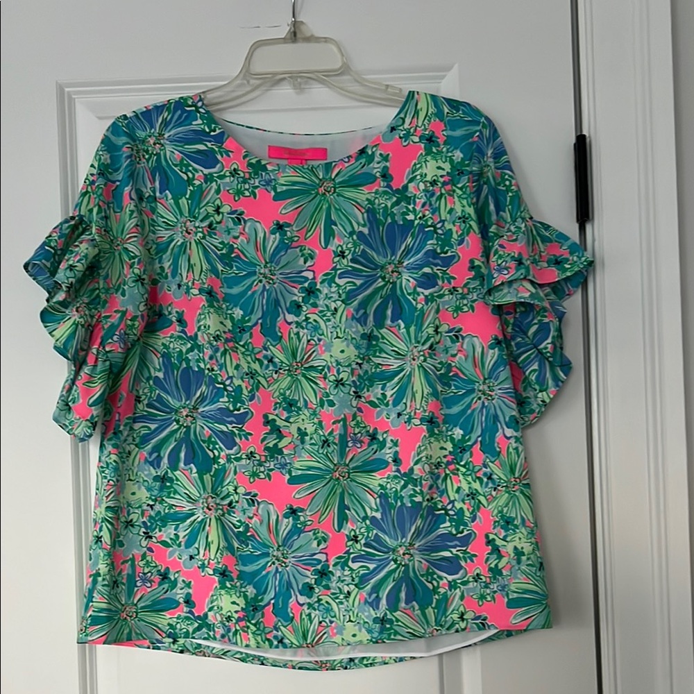 Blue and Pink Flutter Sleeve Blouse with Ruffled Style